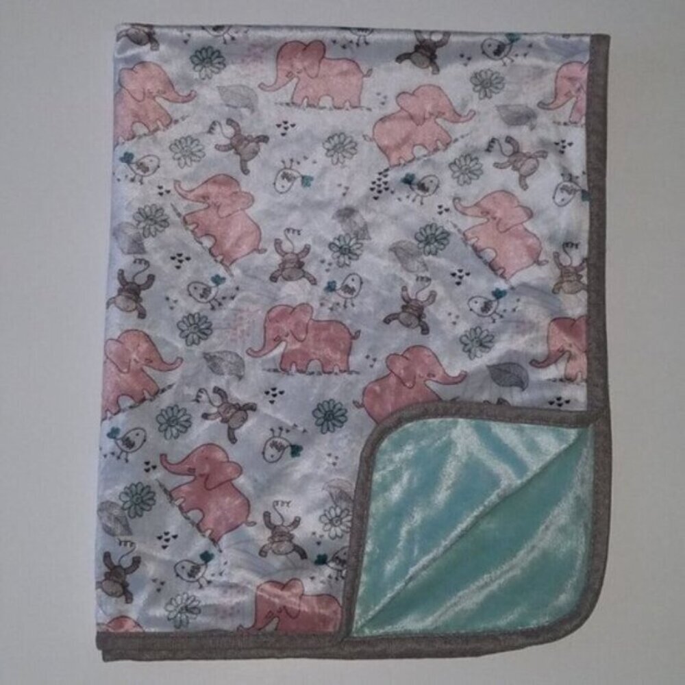 RN 119741 Elephant Monkey Bird Baby Blanket Lovey Pink Gray Greenish